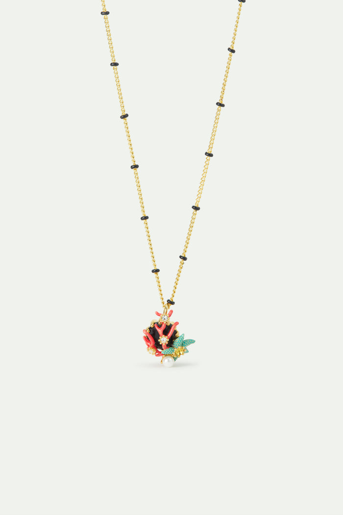 les néréides Pendant Necklace with Round Black Faceted Glass Stone Blue Starfish and Cultured Pearl - Multicolor