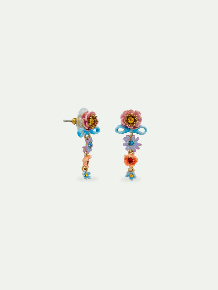Les Néréides Pink And Blue Flowers And Fine Ribbon Dangle Post Earrings - Multicolor