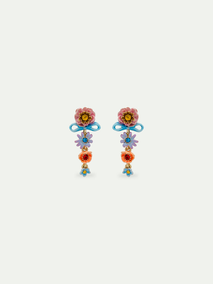 les néréides Pink and Blue Flowers and Fine Ribbon Dangle Post Earrings - Multicolor