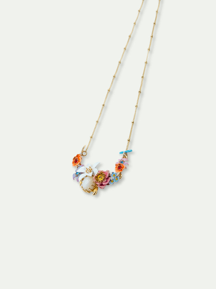 Les Néréides Pink And Blue Flowers Lily And Mother Of Pearl Round Stone Statement Necklace - Multicolor