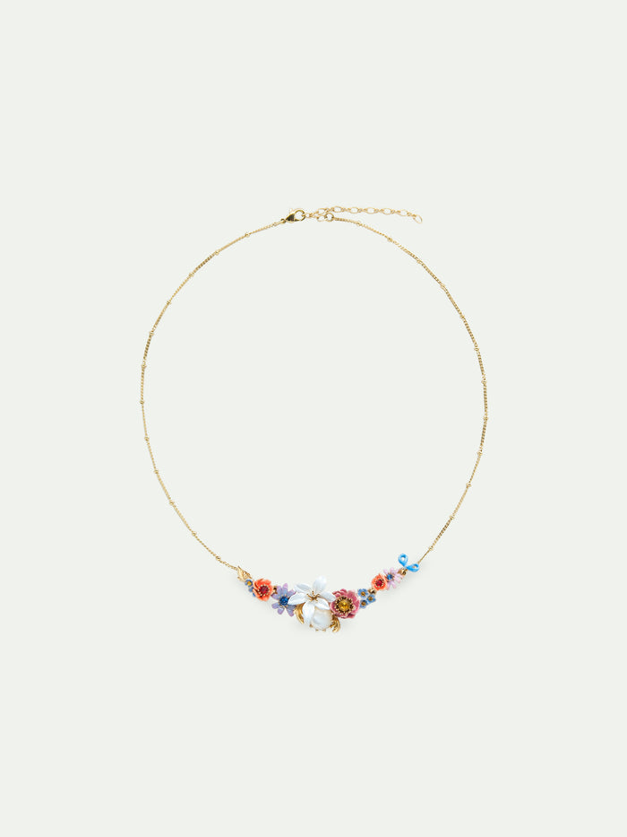 Les Néréides Pink And Blue Flowers Lily And Mother Of Pearl Round Stone Statement Necklace - Multicolor
