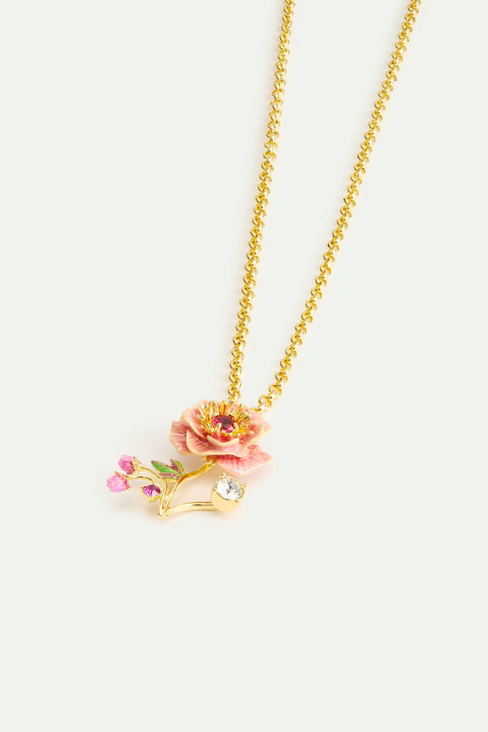 Les Néréides Pink Anemone Rose Bud And Crystal Pendant Necklace - Pink