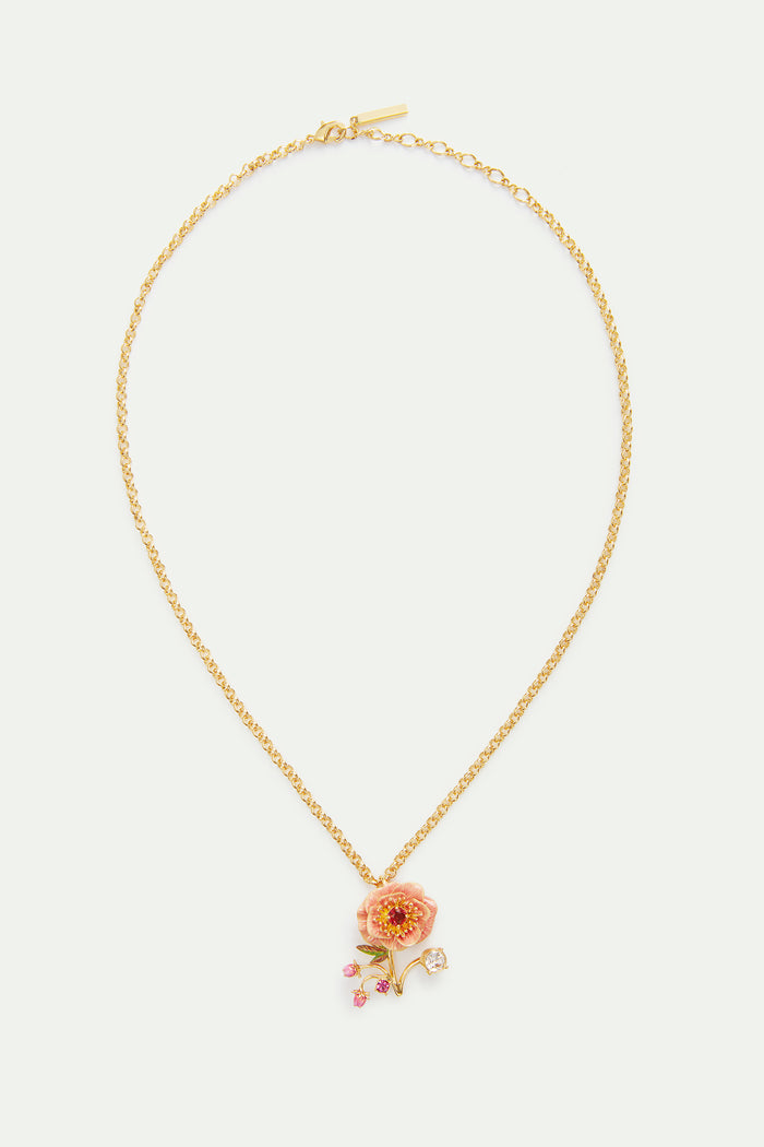 Les Néréides Pink Anemone Rose Bud And Crystal Pendant Necklace - Pink