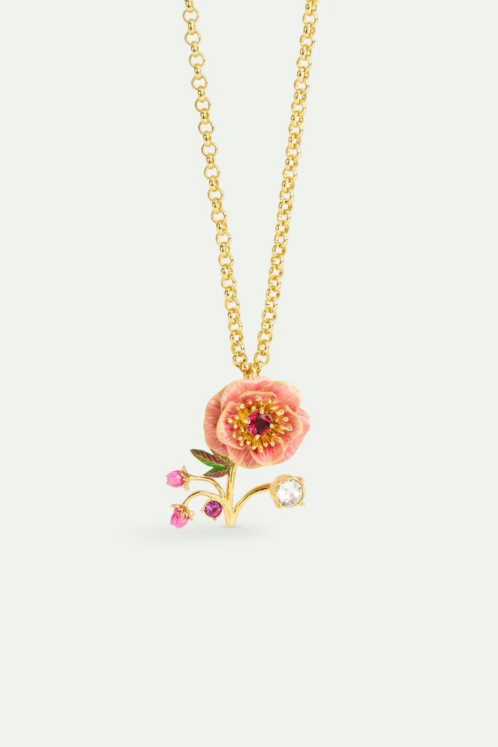 les néréides Pink Anemone Rose Bud and Crystal Pendant Necklace - Pink