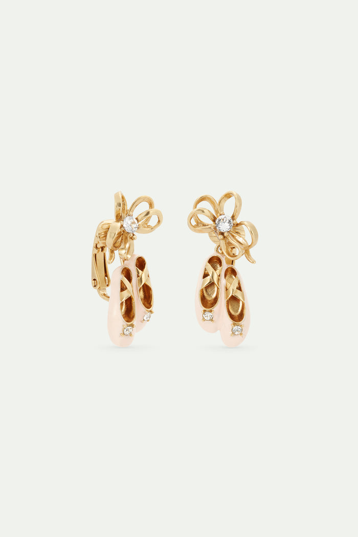 Les Néréides Pink Ballet Slippers And Gold Bow Clip-On Earrings - Pink