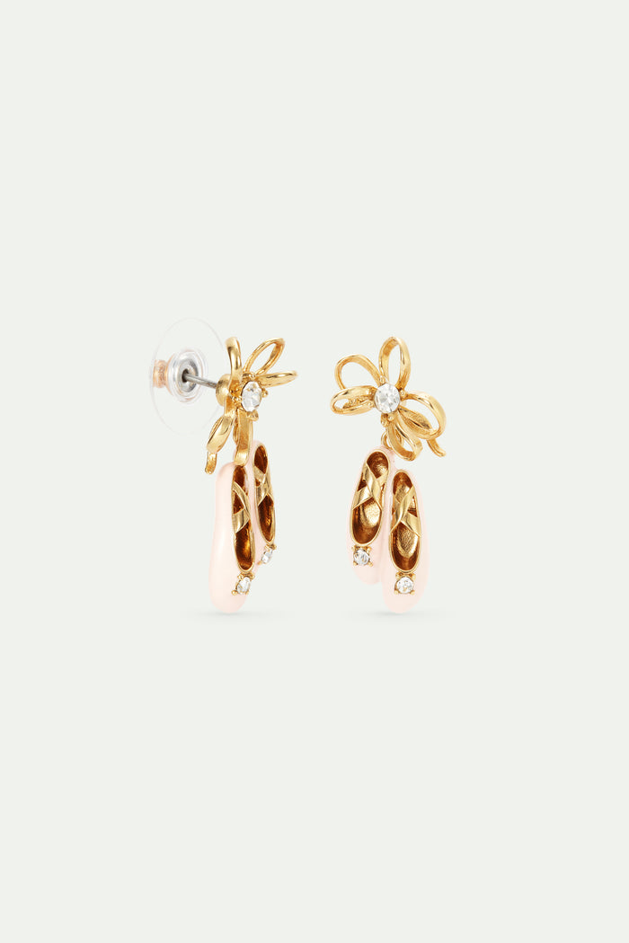 Les Néréides Pink Ballet Slippers And Gold Bow Post Earrings - Pink