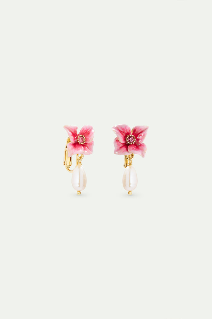 Les Néréides Pink Hydrangea Flower And Cultured Pearl Clip-On Earrings - Pink
