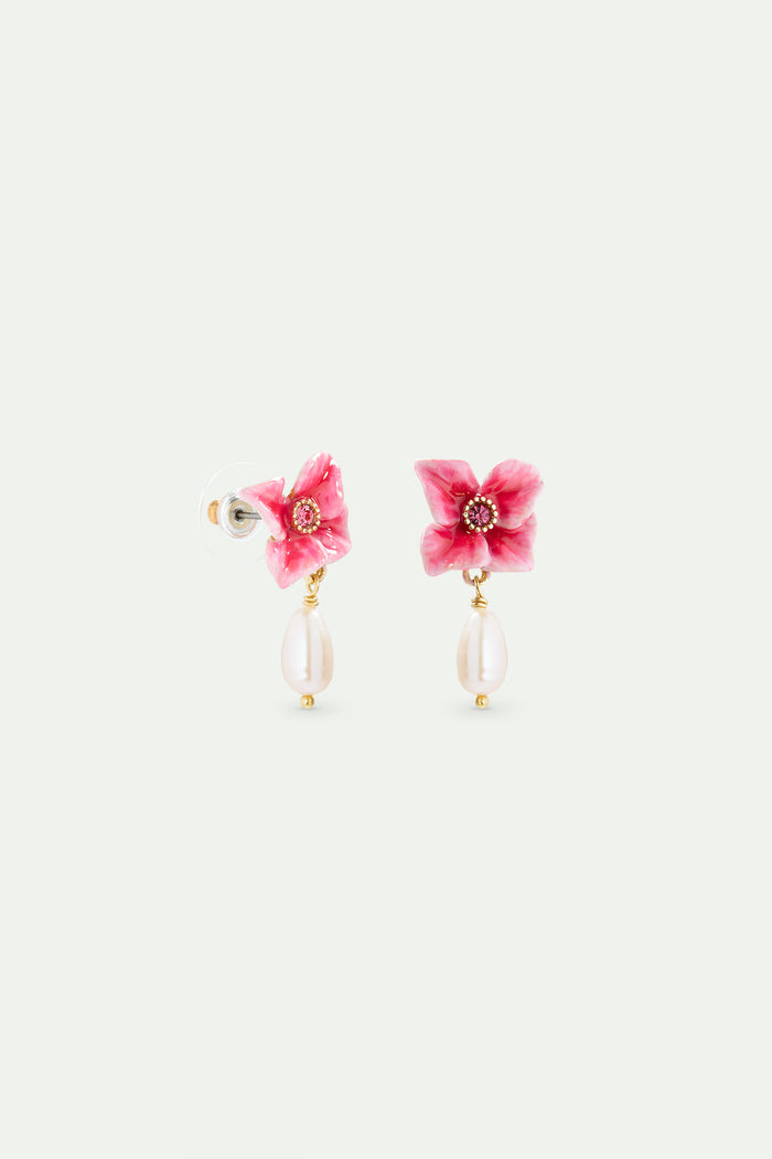 Les Néréides Pink Hydrangea Flower And Cultured Pearl Post Earrings - Pink