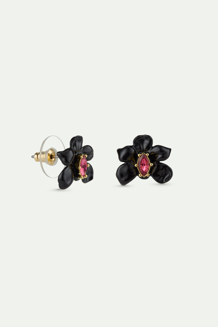Les Néréides Post Earrings With Black Orchid And Pink Faceted Crystal - Multicolor