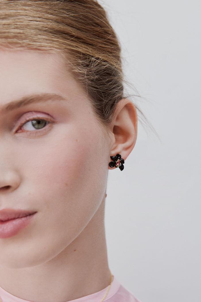 Les Néréides Post Earrings With Black Orchid And Pink Faceted Crystal - Multicolor