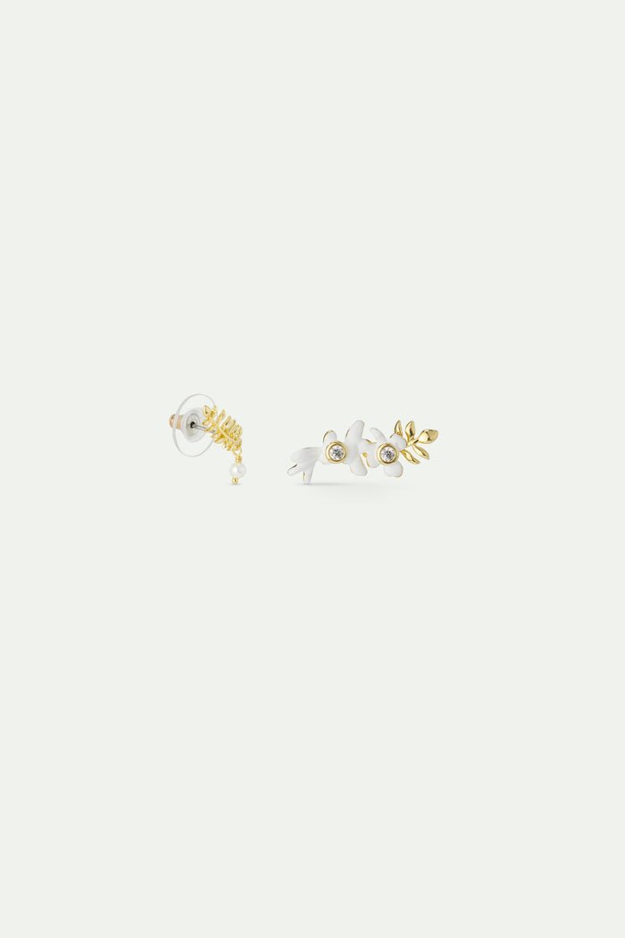 Les Néréides Post Earrings With Golden Laurel - White Wisteria And Cultured Pearl - White