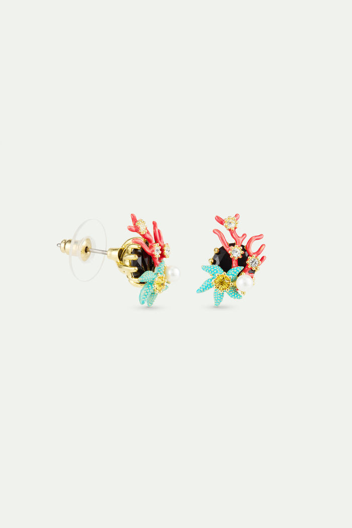 Les Néréides Post Earrings With Round Black Faceted Stone Red Coral Blue Starfish And Cultured Pearl - Multicolor