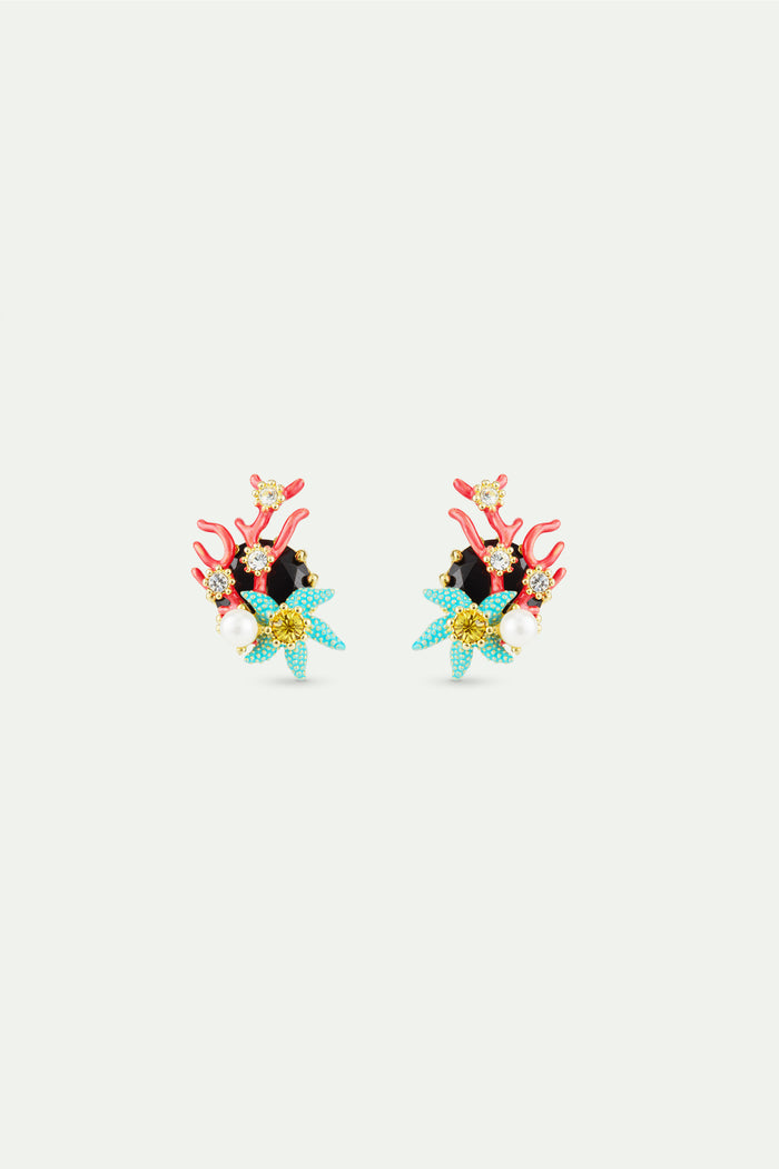 les néréides Post Earrings with Round Black Faceted Stone Red Coral Blue Starfish and Cultured Pearl - Multicolor