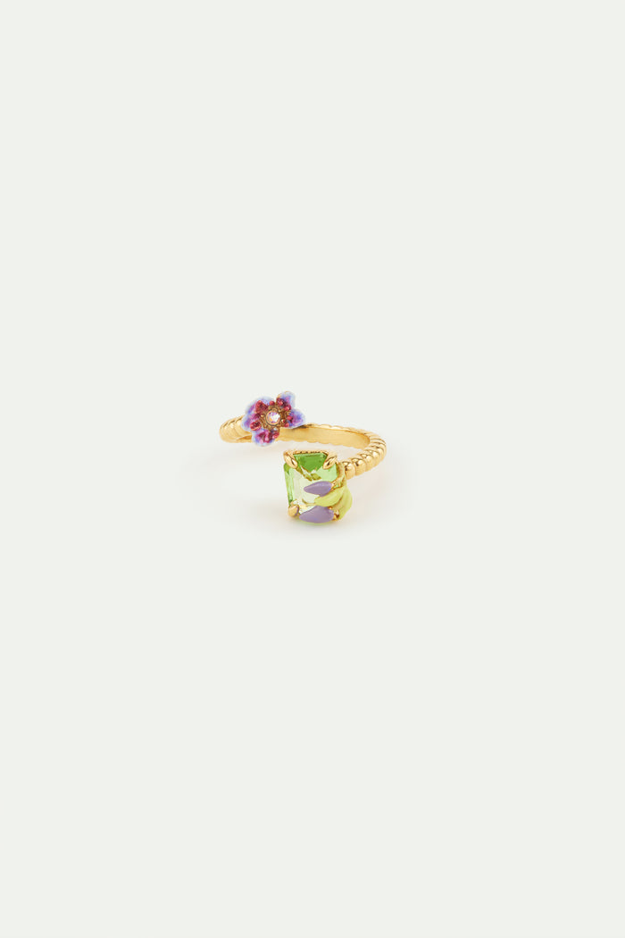 Les Néréides Purple Clematis And Green Emerald-Cut Crystal Adjustable Ring - Multicolor