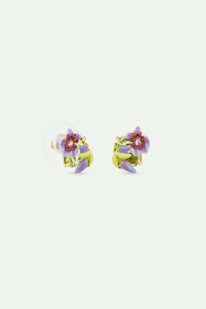 Les Néréides Purple Clematis Ivy And Emerald-Cut Faceted Green Glass Post Earrings - Multicolor