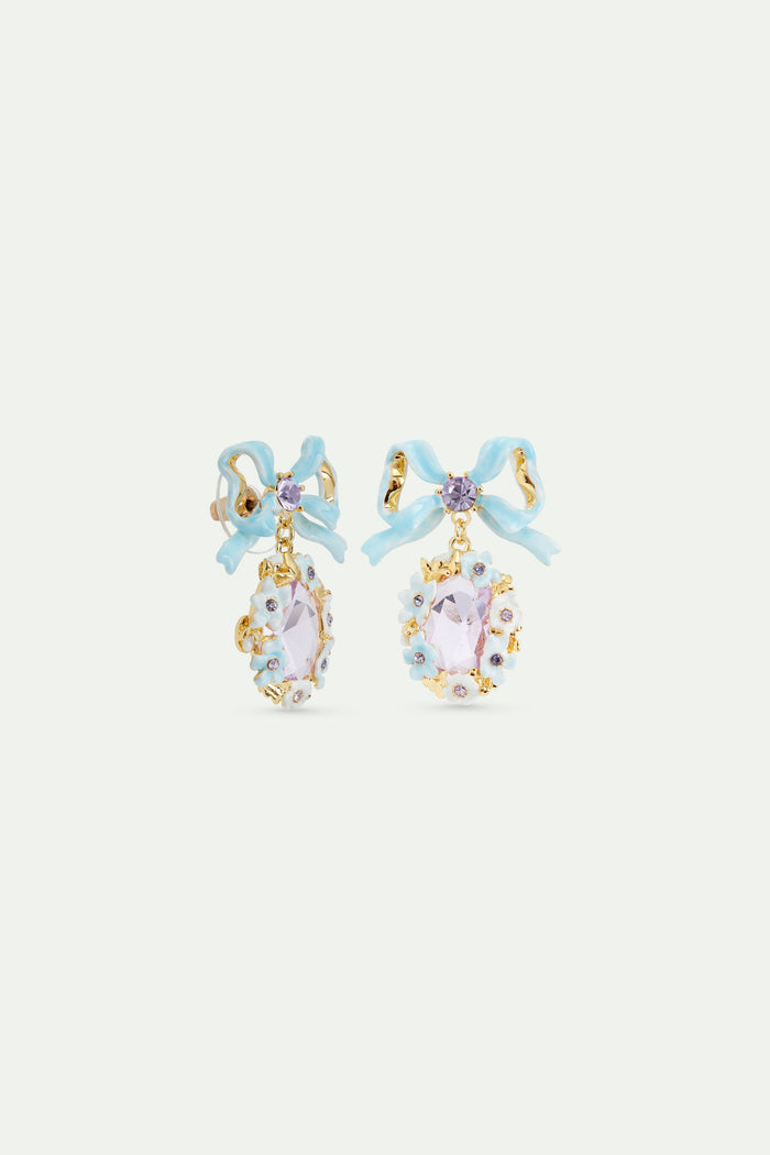 Les Néréides Purple Faceted Stone Wedding Post Earrings With Flowers And A Blue Bow - Multicolor