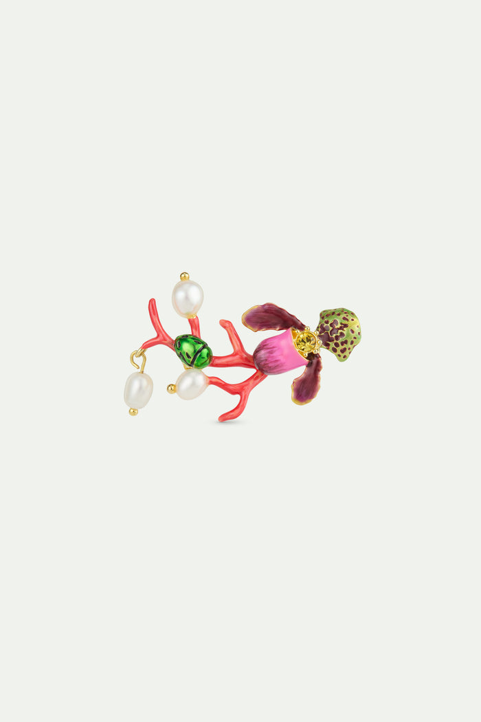 les néréides Purple Lady's Slipper Orchid Brooch with Red Coral Green Rose Chafer and Cultured Pearls - Multicolor