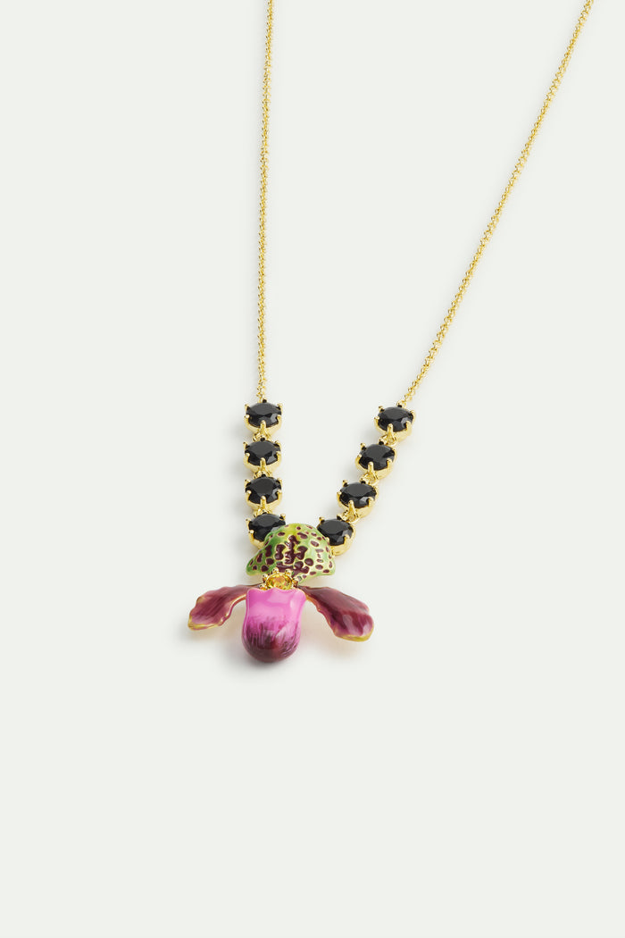 Les Néréides Purple Lady's Slipper Orchid Necklace With Black Faceted Glass Stones - Multicolor