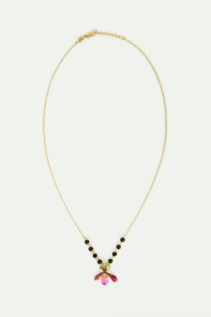 Les Néréides Purple Lady's Slipper Orchid Necklace With Black Faceted Glass Stones - Multicolor