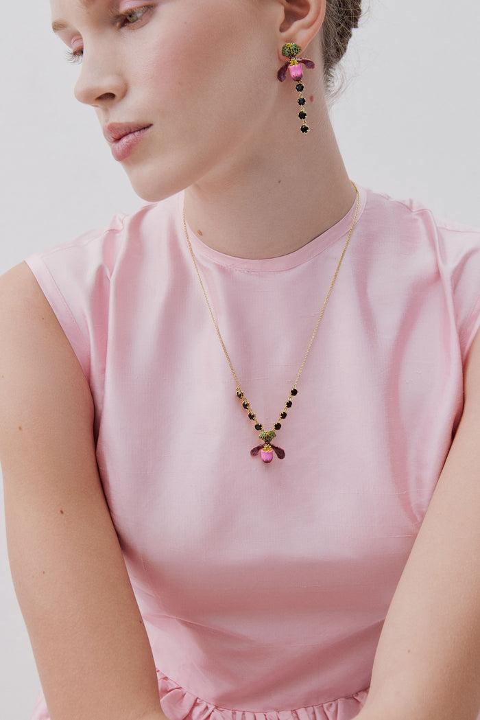 Les Néréides Purple Lady's Slipper Orchid Necklace With Black Faceted Glass Stones - Multicolor