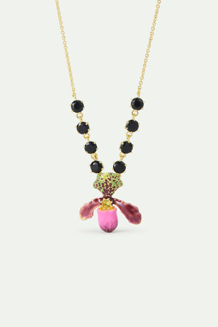 les néréides Purple Lady's Slipper Orchid Necklace with Black Faceted Glass Stones - Multicolor
