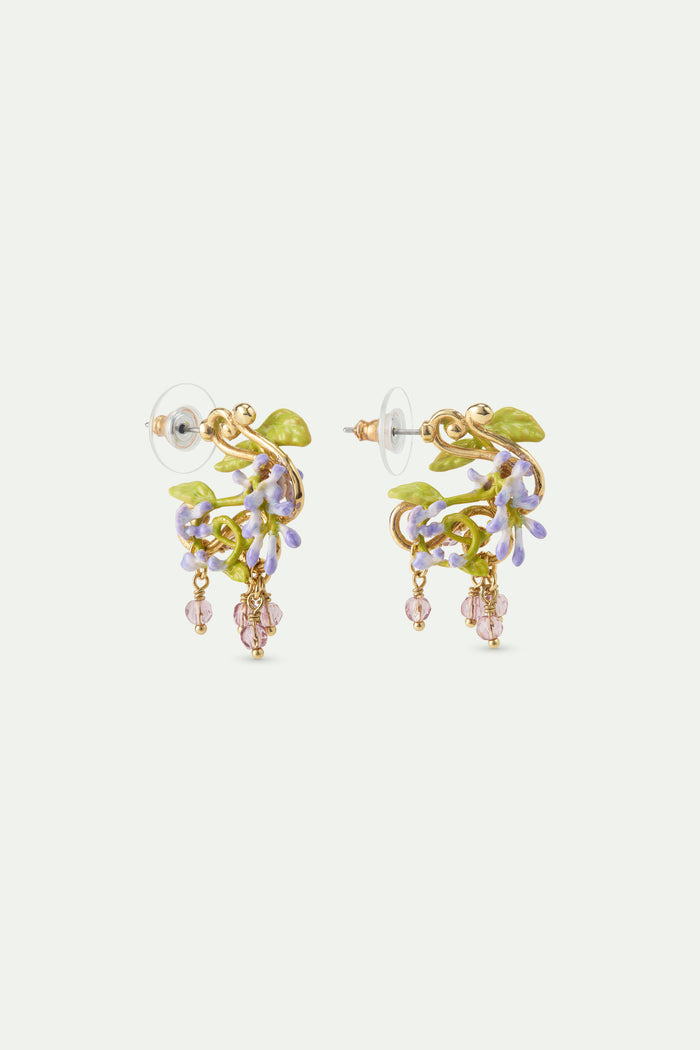 Les Néréides Purple Wisteria Post Earrings On Golden Arabesque Ivy And Faceted Crystal Beads - Multicolor