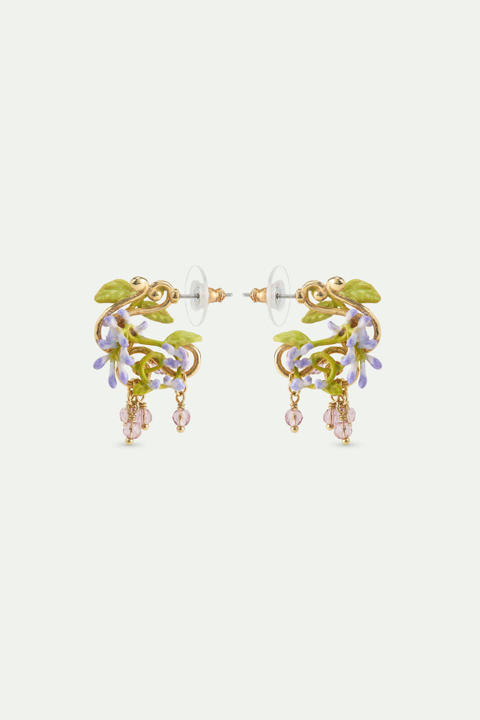 les néréides Purple Wisteria Post Earrings on Golden Arabesque Ivy and Faceted Crystal Beads - Multicolor