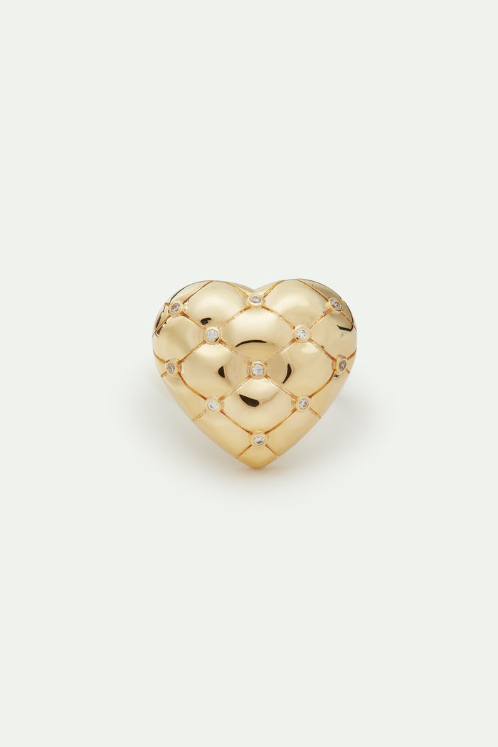 Les Néréides Quilted Gold Heart And Crystal Heart Cocktail Ring - 5.5 (50 Mm) / Gold