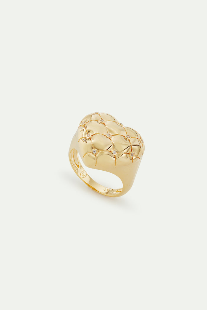 les néréides Quilted Gold Heart and Crystal Heart Cocktail Ring - 5.5 (50 mm) / Gold