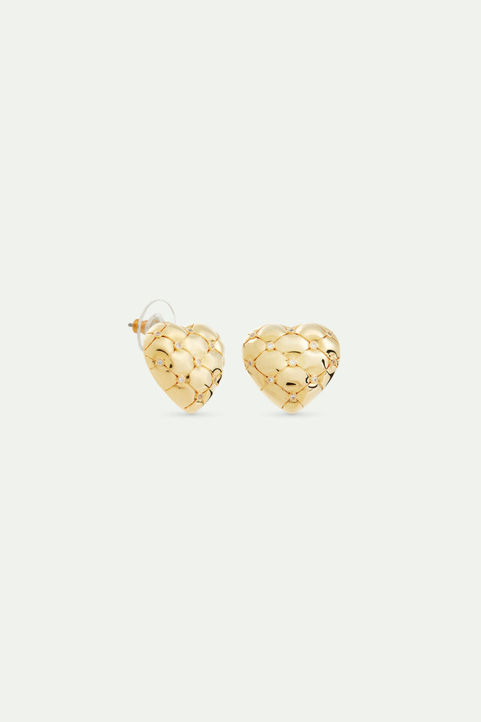 Les Néréides Quilted Gold Heart And Crystal Post Earrings - Gold