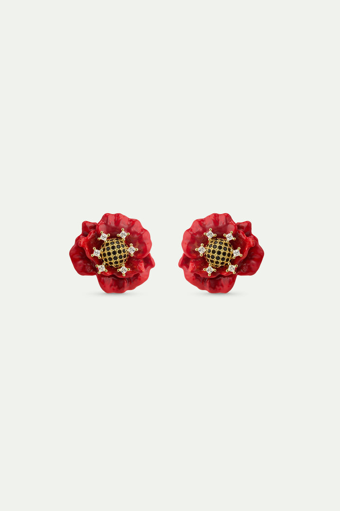 les néréides Red Poppy and Cubic Zirconia Clip-On Earrings - Red