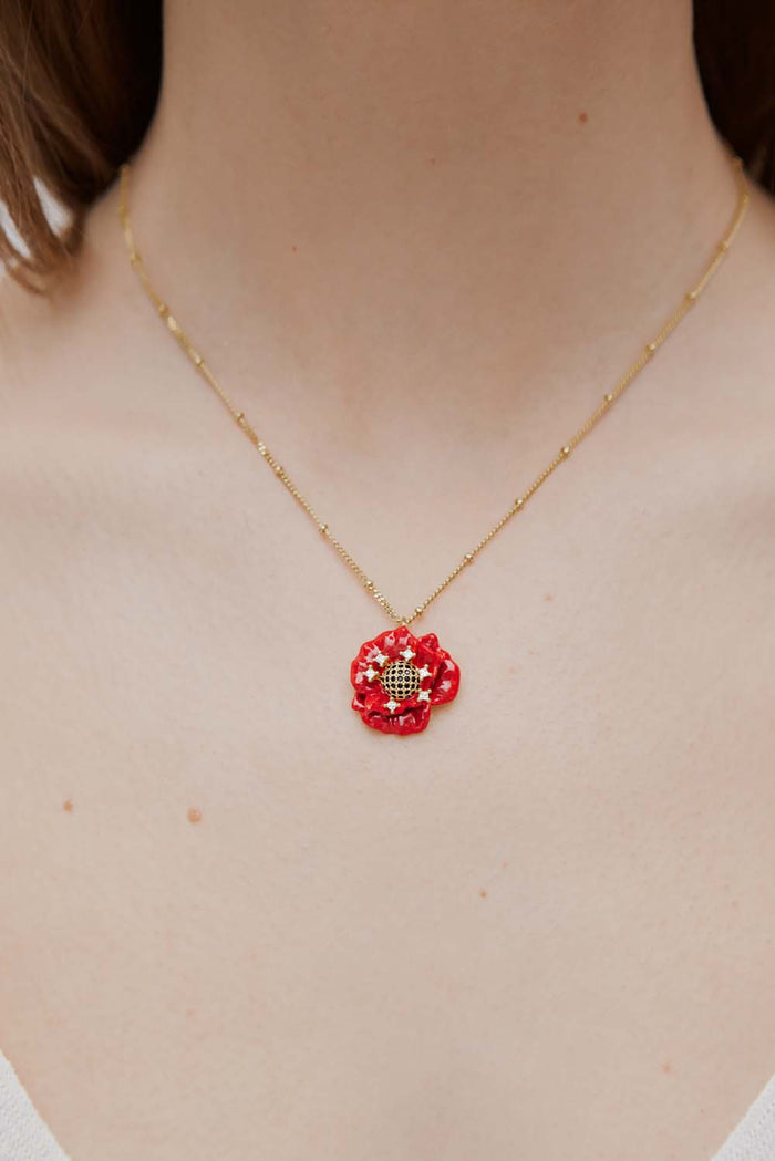Les Néréides Red Poppy And Cubic Zirconia Pendant Necklace - Red