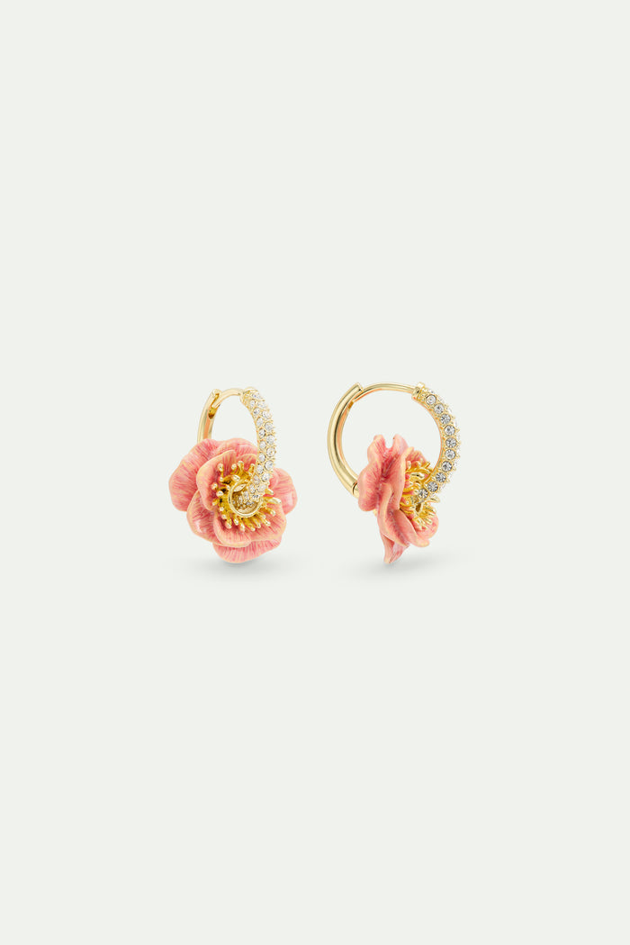 Les Néréides Rhinestone Hoop Post Earrings With Pink Anemone - Pink