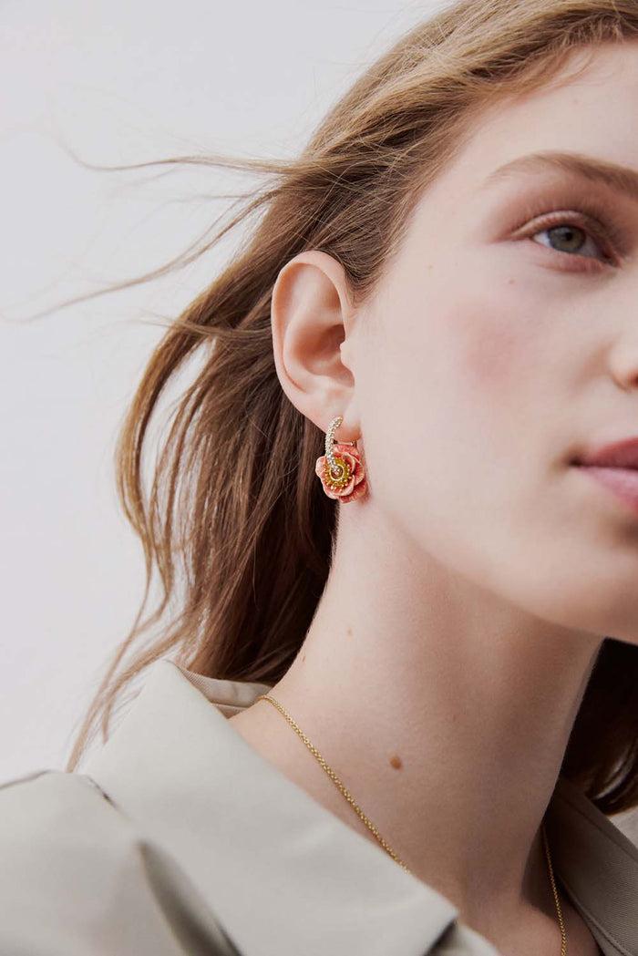 Les Néréides Rhinestone Hoop Post Earrings With Pink Anemone - Pink