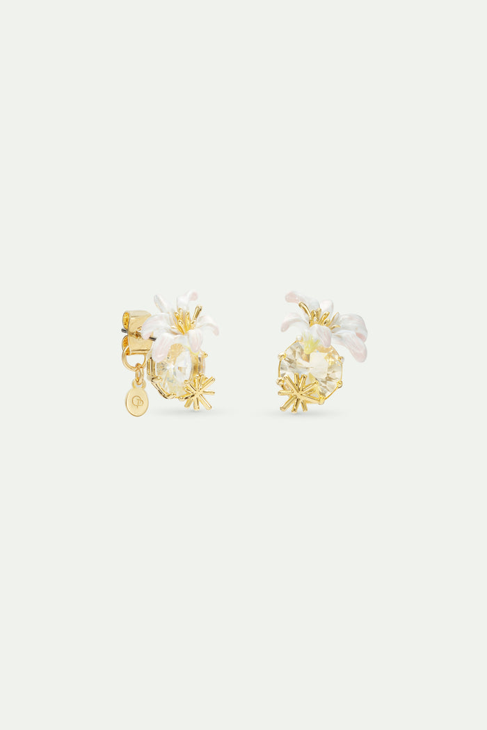 Les Néréides Round Faceted Stone Earrings And White Lily Post Earrings - White