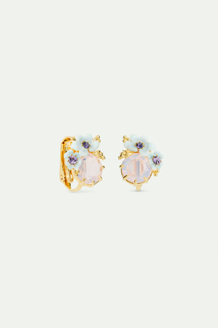 Les Néréides Round Purple Stone And Blue Flowers Wedding Clip-On Earrings - Multicolor