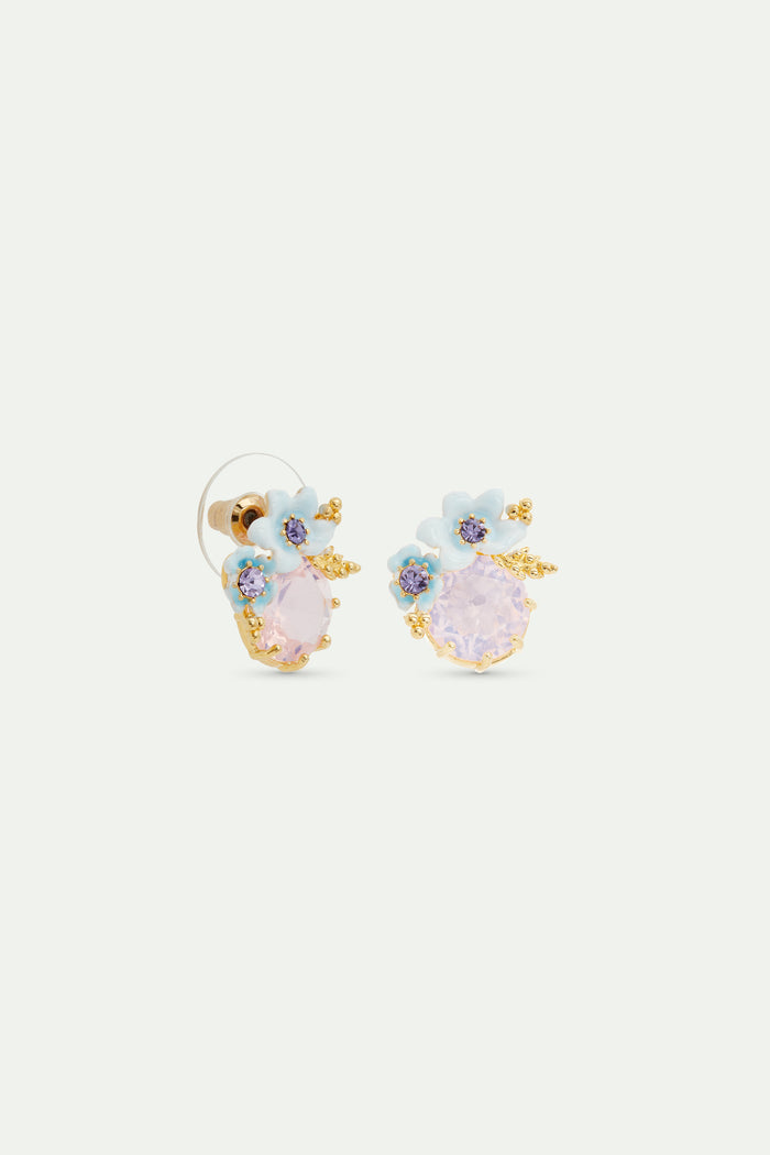 Les Néréides Round Purple Stone And Blue Flowers Wedding Post Earrings - Multicolor