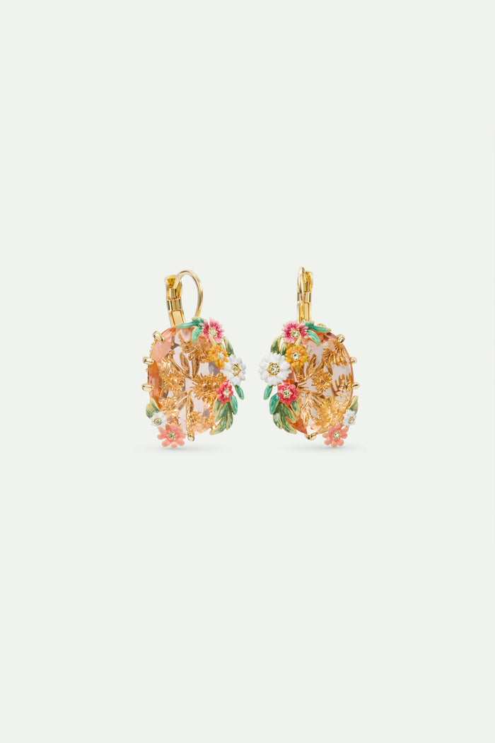 Les Néréides Sleeper Earrings With An Oval Pink Faceted Stone Zinnias And Daisies - Multicolor