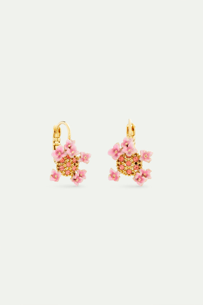Les Néréides Sleeper Earrings With Pink And Gold Crystals And Hydrangea Flowers - Pink