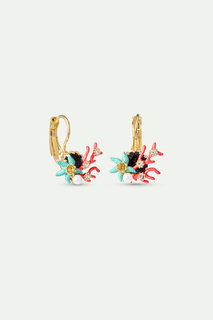 Les Néréides Sleeper Earrings With Round Black Faceted Stone Red Coral Blue Starfish And Cultured Pearl - Multicolor