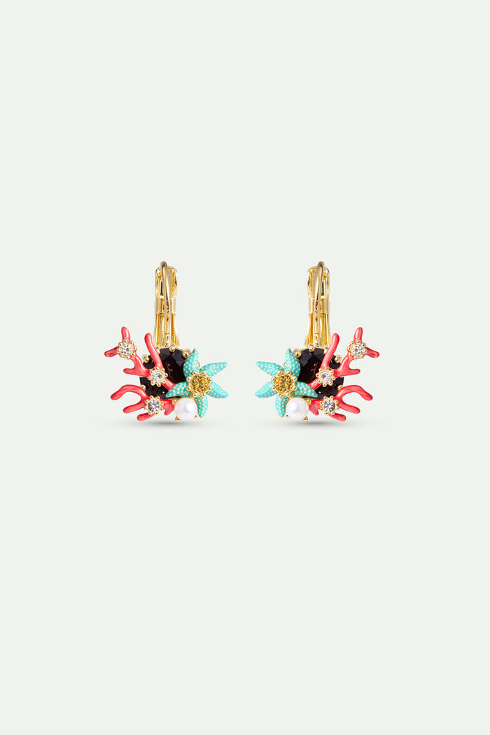 les néréides Sleeper Earrings with Round Black Faceted Stone Red Coral Blue Starfish and Cultured Pearl - Multicolor