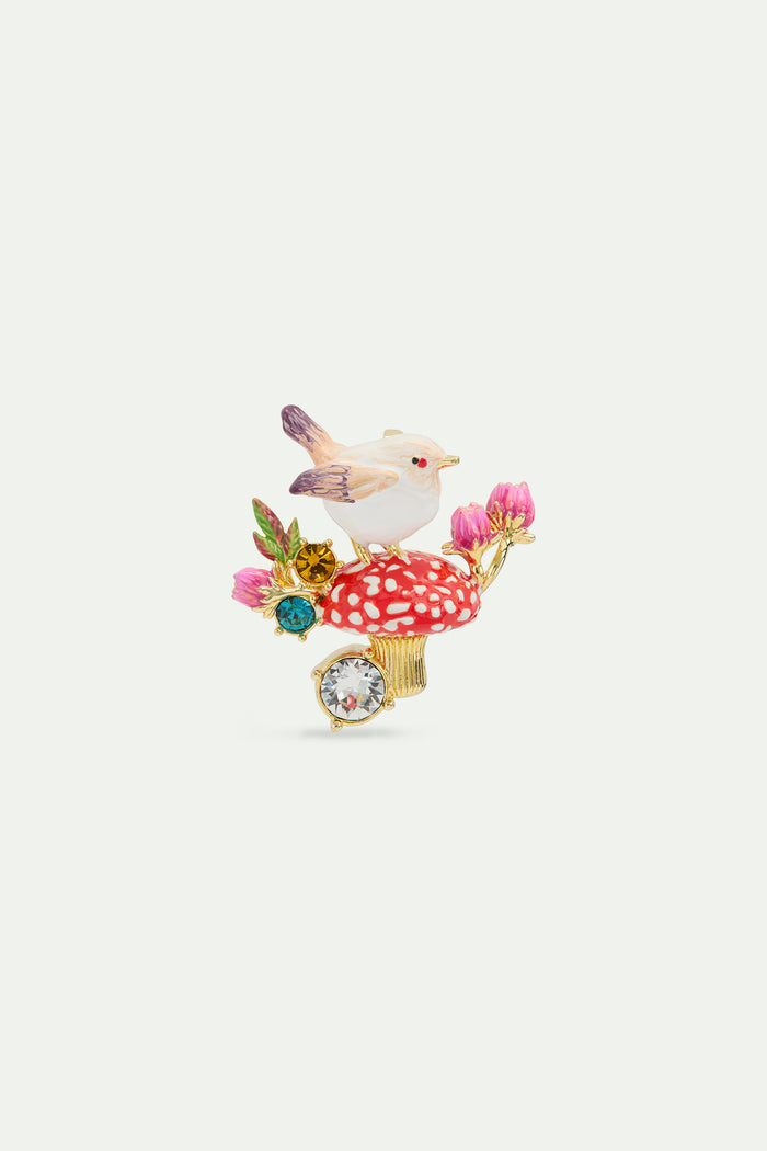 les néréides Snow Bunting Brooch with Mushroom Rosebud and Crystals - Multicolor
