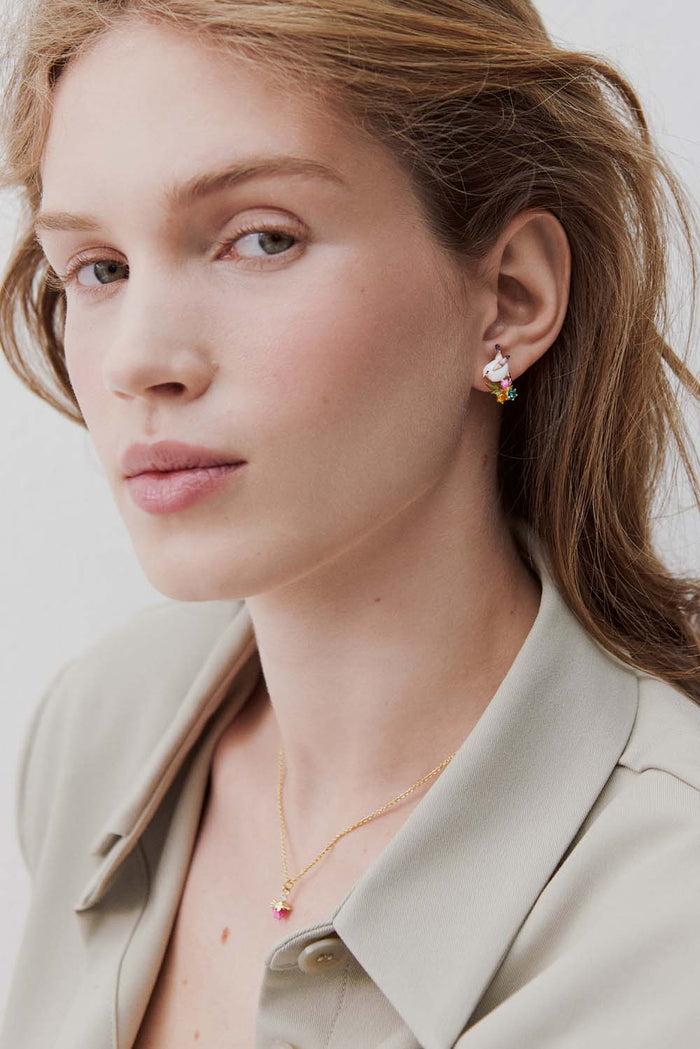 Les Néréides Snow Bunting Post Earrings With Rosebud And Crystals - Multicolor