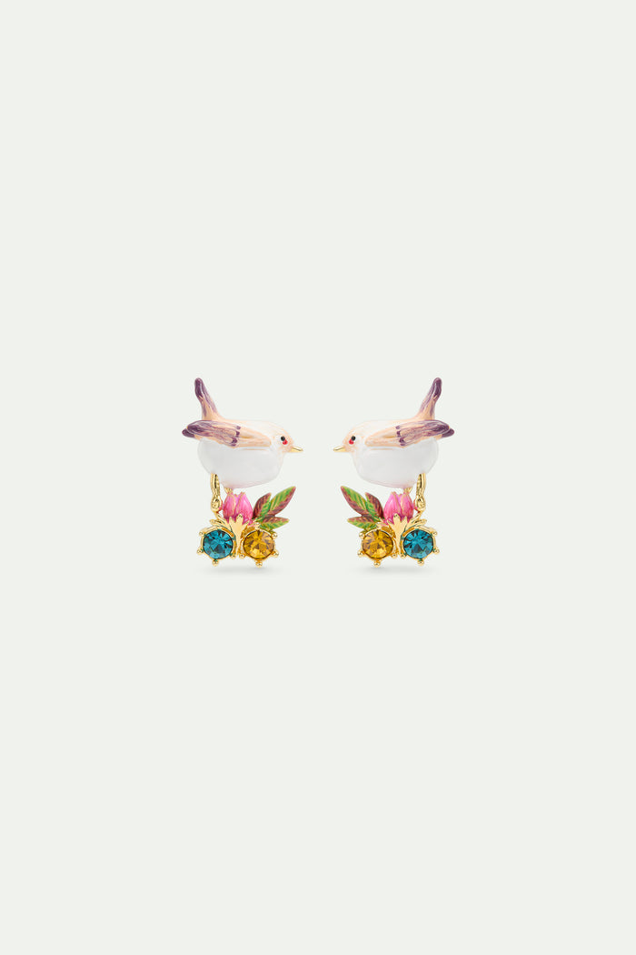 les néréides Snow Bunting Post Earrings with Rosebud and Crystals - Multicolor