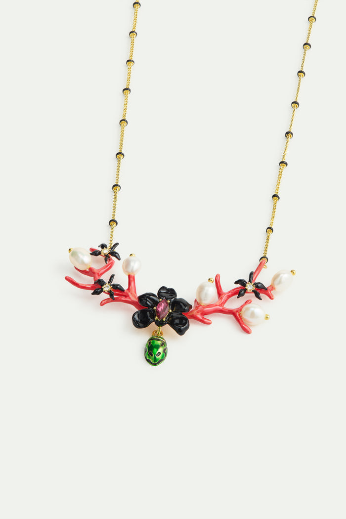 Les Néréides Statement Necklace With Black Orchid Red Coral Dangling Green Rose Chafer And Cultured Pearls - Multicolor