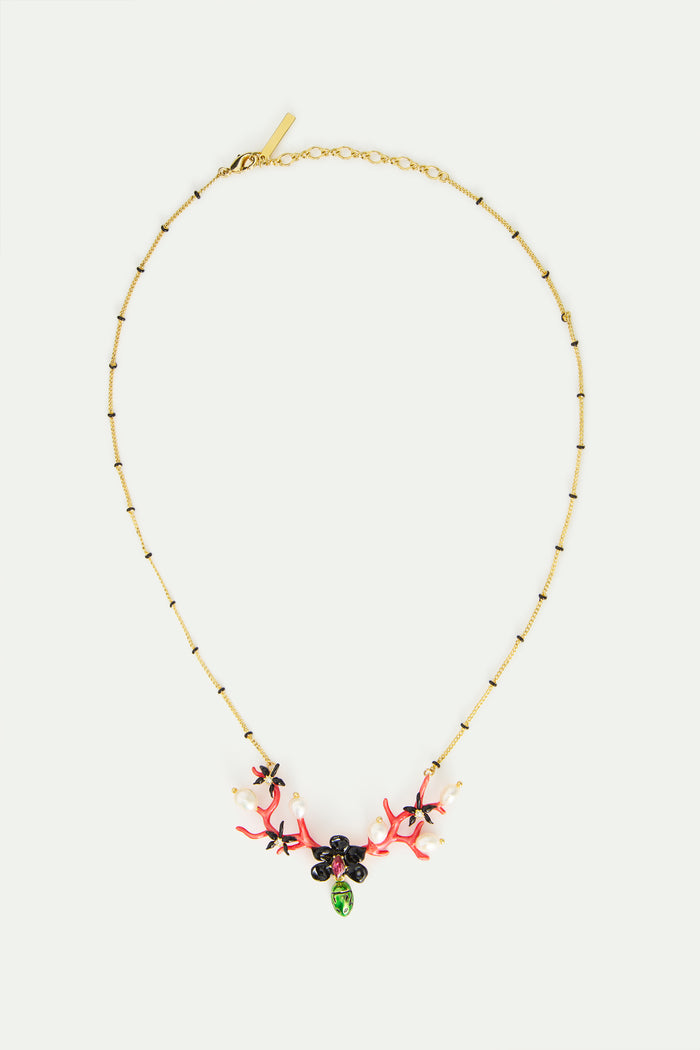 Les Néréides Statement Necklace With Black Orchid Red Coral Dangling Green Rose Chafer And Cultured Pearls - Multicolor