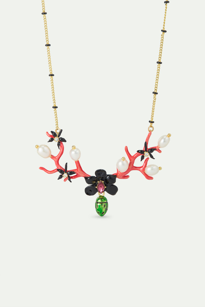 les néréides Statement Necklace with Black Orchid Red Coral Dangling Green Rose Chafer and Cultured Pearls - Multicolor