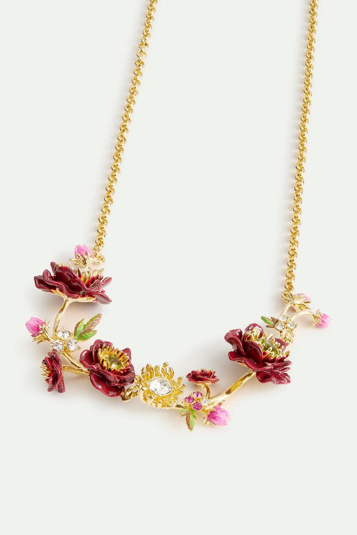 Les Néréides Statement Necklace With Burgundy Anemone Flowers Rose Buds And Green Faceted Stones - Burgandy