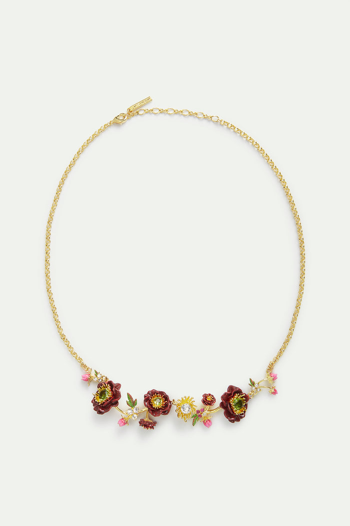 Les Néréides Statement Necklace With Burgundy Anemone Flowers Rose Buds And Green Faceted Stones - Burgandy