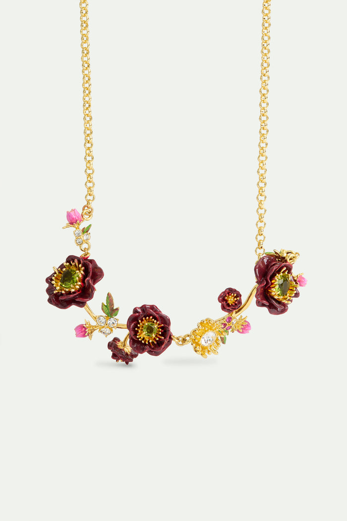 les néréides Statement Necklace with Burgundy Anemone Flowers Rose Buds and Green Faceted Stones - Burgandy